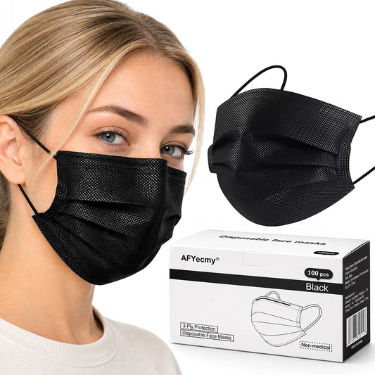 Disposable Face Masks 100 Pack, 3-Ply Breathable Masks with Soft Comfortable Earloops, Adjustable Nose Clip for Office, Travel, School & Public Use, Black