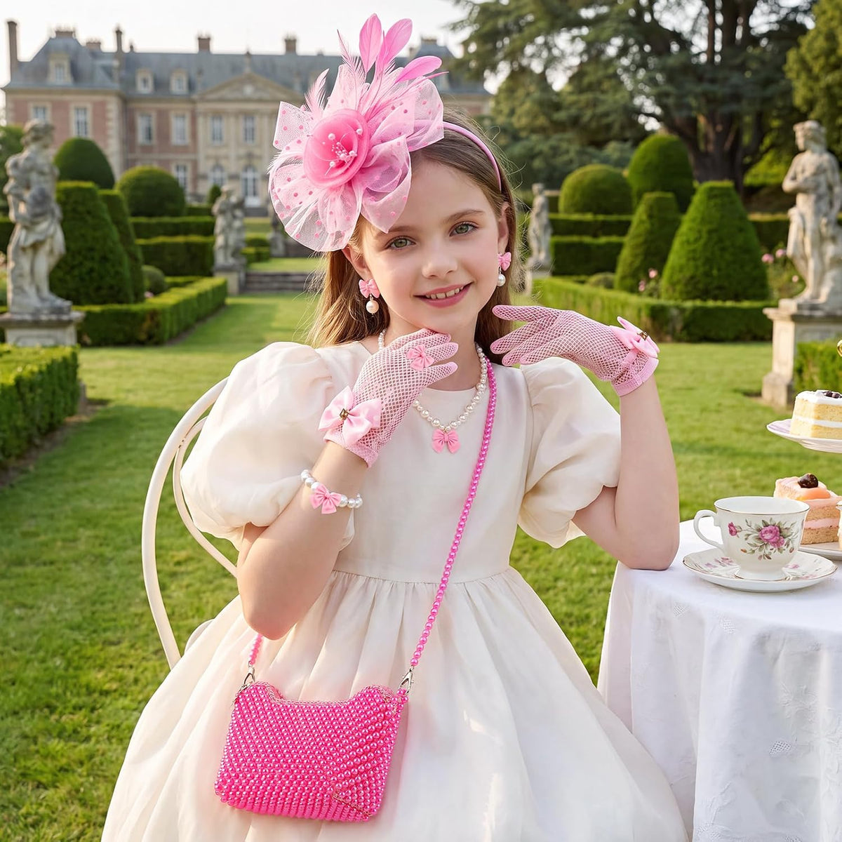 Girls Tea Party Fascinator Hat Beaded Purse Gloves Kids Jewelry Set