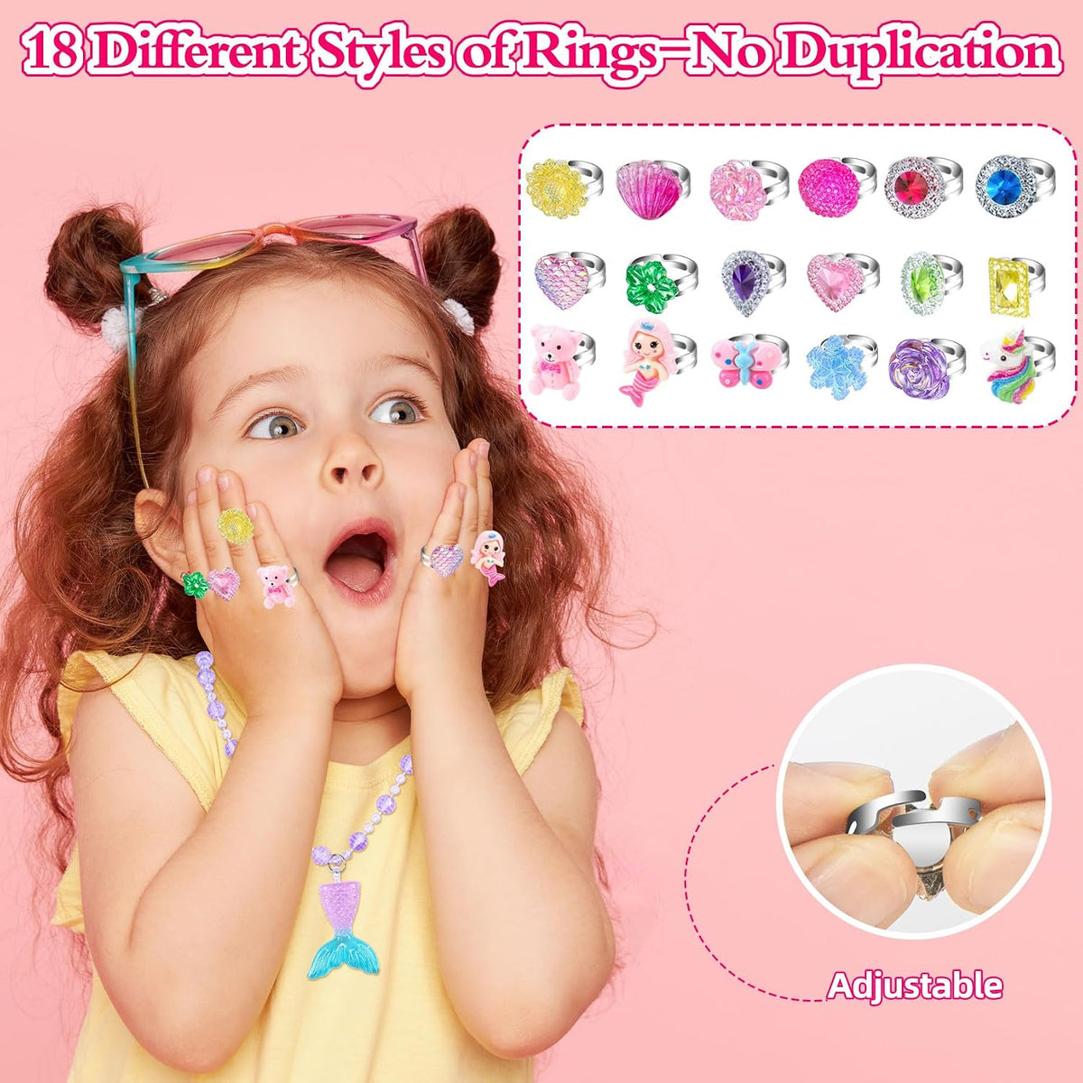 Jewelry Toys for Girls, Adjustable Rings, Necklaces, Butterfly Hair Clips