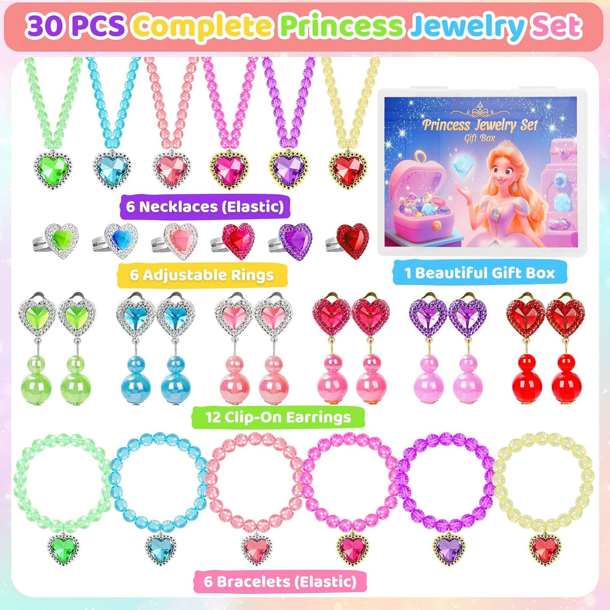 Kids Jewelry for Girls, 30pcs Princess Dress Up Play Jewelry Toys for Girl 4-6, Toddler Necklace Bracelet Ring Clip on Earrings, Costume Jewelrys, Easter Birthday Gift for 3 4 5 6 7 8 Year Old Girl