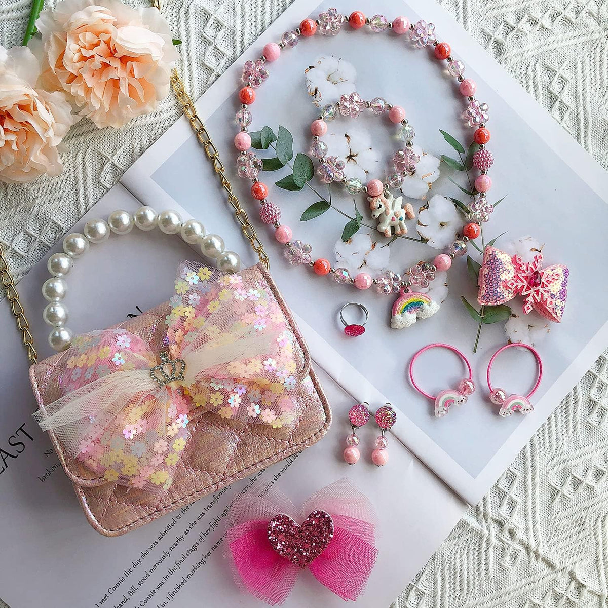ELEMIRSA Girl Handbag Purse for Little Girls Kids Pretend Play Dress Up Necklace Hair Accessories Jewelry Set, Light Pink