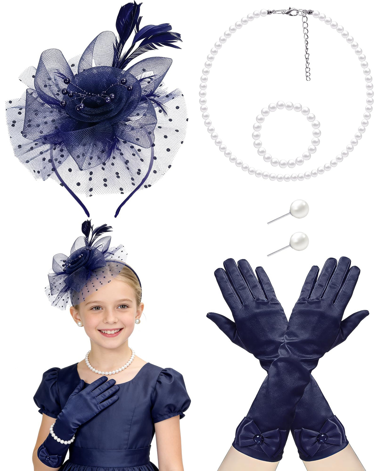 Girls Tea Party Fascinators Hats with Lace Gloves Pearl Necklace Earring Jewelry for Tea Party Wedding Accessories