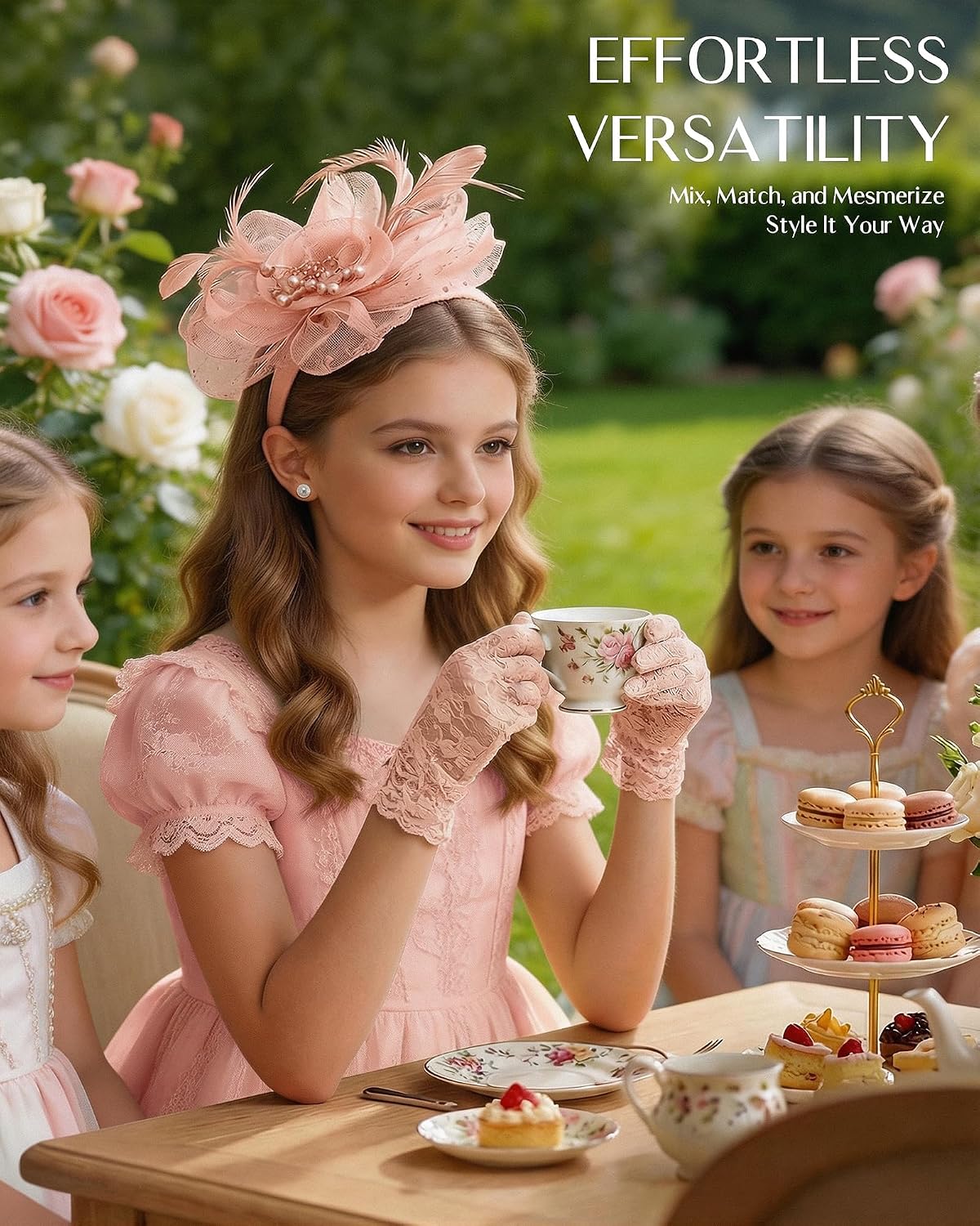 Girls Tea Party Fascinator Hats Headband for Kids with Gloves Accessories