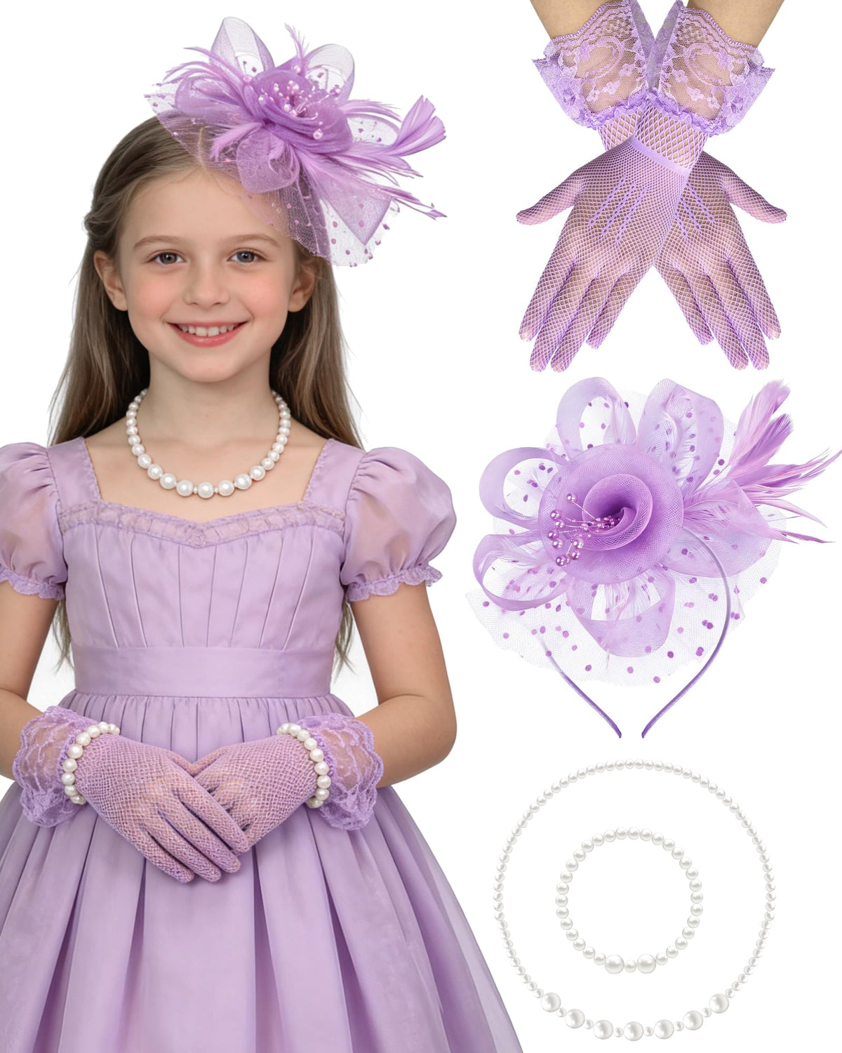 Girls Tea Party Fascinators Hats Lace Gloves Pearl Necklace Set for Wedding 1920s Tea Party Accessories