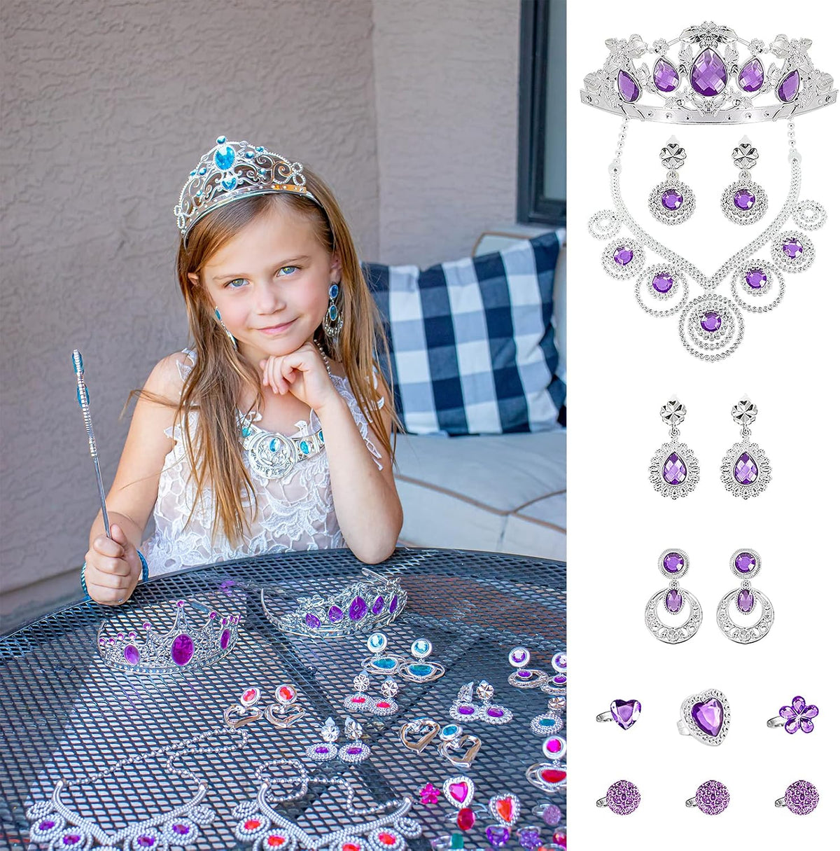 NINAOR 56 Pack Princess Jewelry for Girls Princess Dress Up Accessories Kids Play Jewelry for Girls Included Crown Wand Necklace Bracelet Rings Earrings Great as Princess Party Decoration