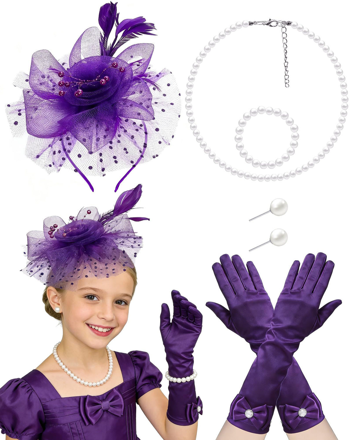 Girls Tea Party Fascinators Hats with Lace Gloves Pearl Necklace Earring Jewelry for Tea Party Wedding Accessories