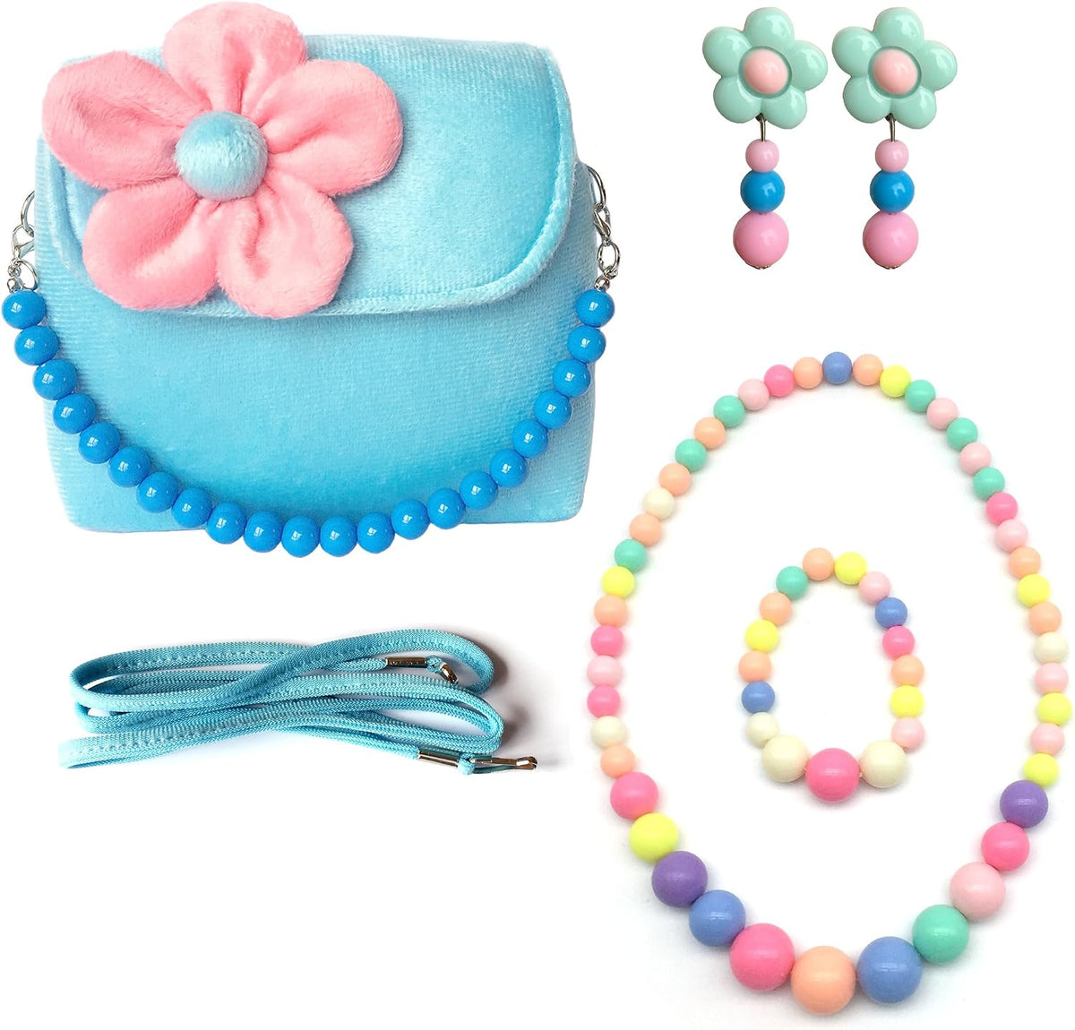 Elesa Miracle Little Girl Bag Beauty Set Plush Handbag + Flower-Shaped Clip-on Earrings + Necklace and Bracelet Set (Blue)