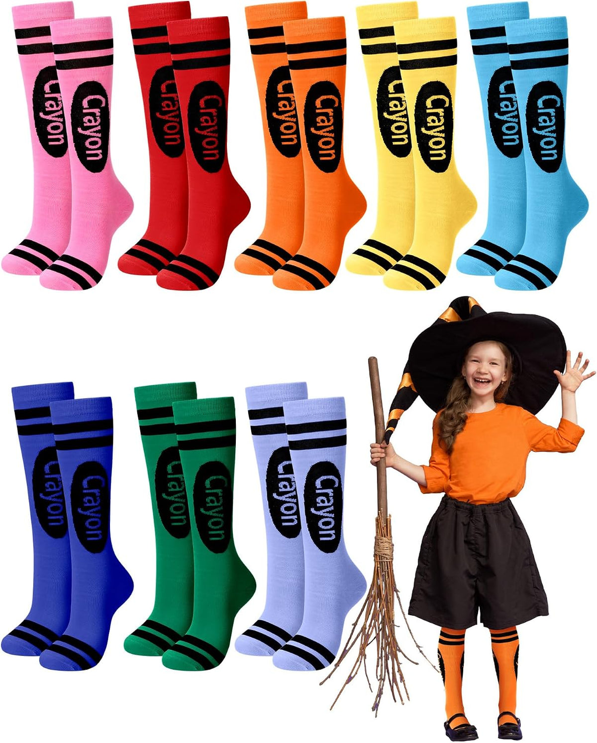 Glitopper 8 Pairs Crayon Knee High Socks for Girls Halloween Crayon Socks