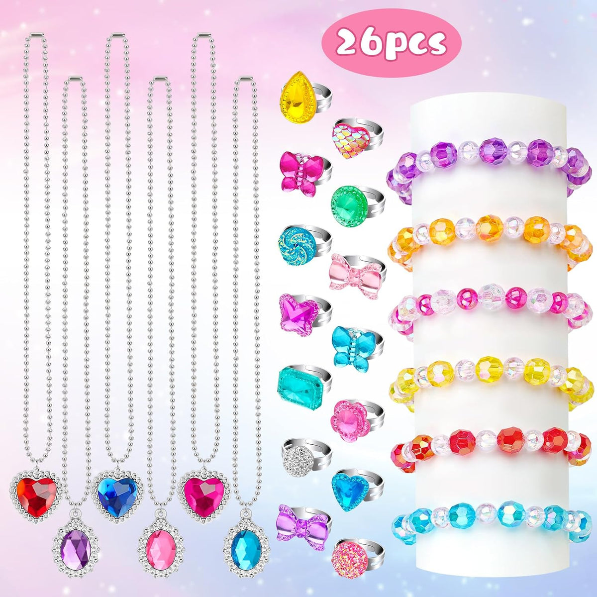 Hooqict Princess Dress Up Kids Jewelry for Girls 4-6 Bracelets Necklaces Rings Set Toddler Play Jewelry for Costume Princess Party Favors for 3 4 5 6 7 8 Year Old Birthday Gifts