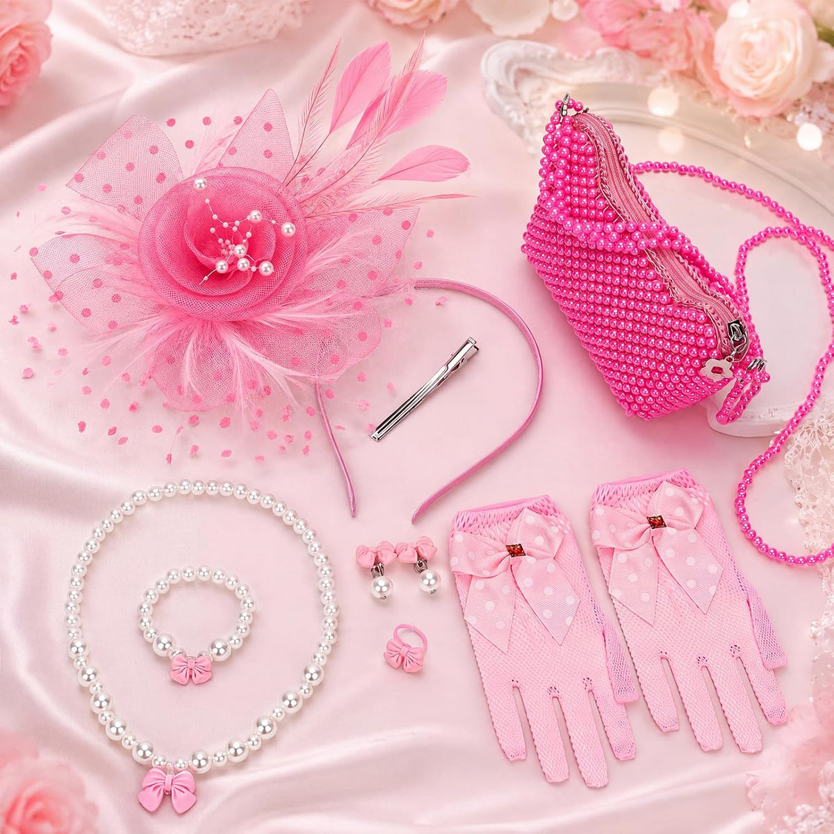 Girls Tea Party Fascinator Hat Beaded Purse Gloves Kids Jewelry Set