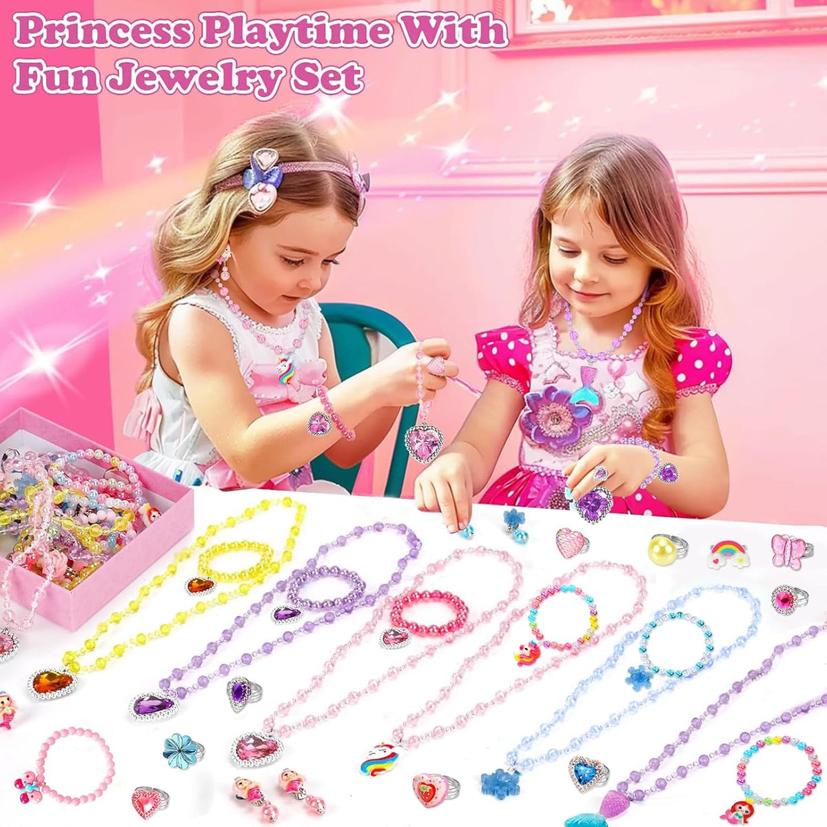 Kids Play Jewelry Sets, Princess Toys for Girls 4-6, 29 Pcs Little Girl Costume Jewelry, Unicorn Necklaces, Bracelets, Rings, Earrings, Dress Up Birthday Easter Gifts for Kids Pretend Play Party Favor