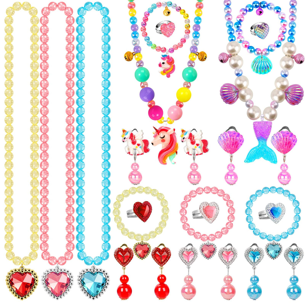 Kids Jewelry for Girls, 30pcs Princess Dress Up Play Jewelry Toys for Girl 4-6, Toddler Necklace Bracelet Ring Clip on Earrings, Costume Jewelrys, Easter Birthday Gift for 3 4 5 6 7 8 Year Old Girl
