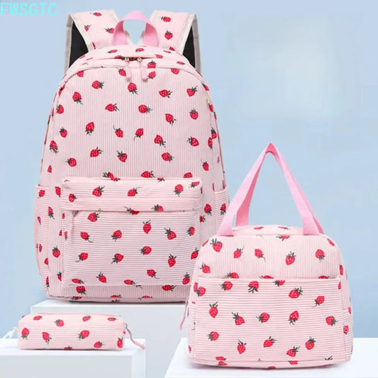 2026 Trending Kawaii Corduroy 3-in-1 Backpack Set for 9-10 Years Elementary School Kids - Large Capacity, Durable, Shoulder Strap, Zip - Lunch Box, Pencil Case - Back to a School Shopping Supplies, Summervibes Travel Gym Gear