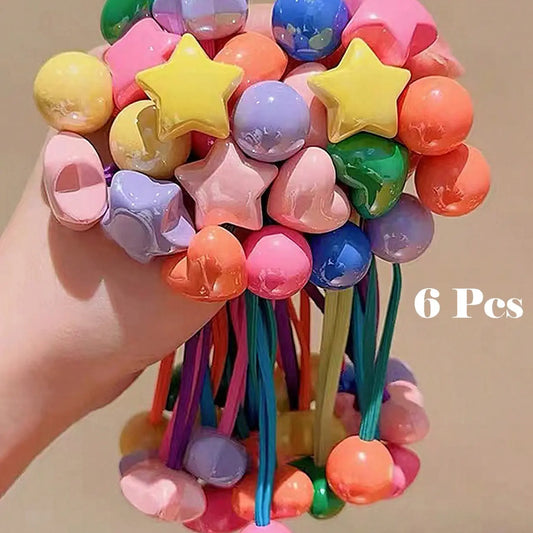 6pcs Multicolor Cute Beaded Heart Flower Star Hair Ties Elastic Hair Accessory Double Strand Non-Damaging Hair Bands Ponytail Holders Sweet Daily Hair Accessories