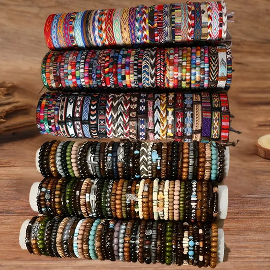 72pcs Handmade Unisex Bohemian Bracelets - Wooden Bead Stretch Adjustable Bangle Set, Boho Style Accessories, Casual Stacking Fashion Jewelry for Daily Wear, Handmade Accessories, Bohemian Bracelets & Bangles
