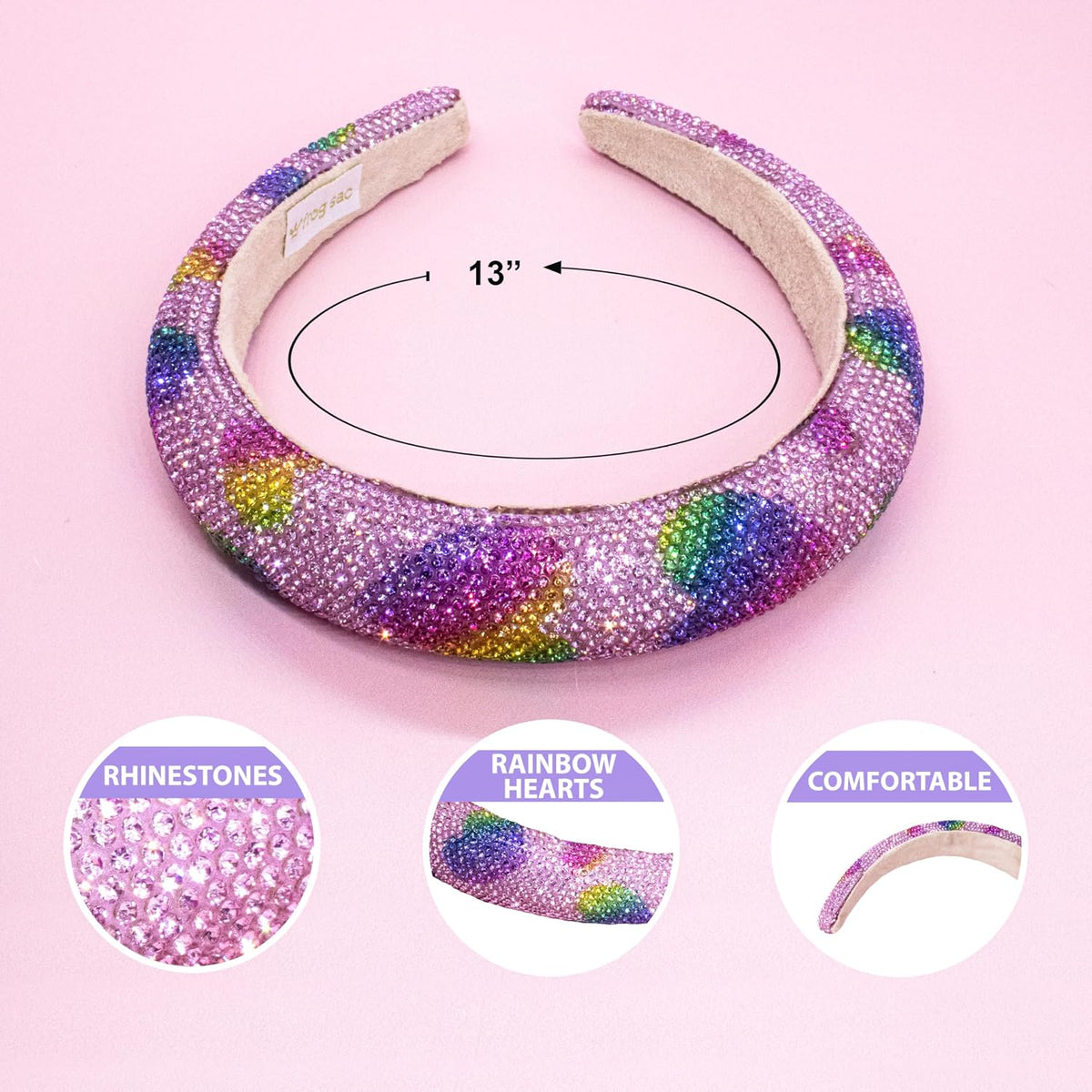 FROG SAC Padded Headbands for Girls - Rhinestone Toddler Hair Accessories, Little Girl Rainbow Heart Hair Bands, Kids Sparkle Head Band, Cute Vday Headband for Back to School