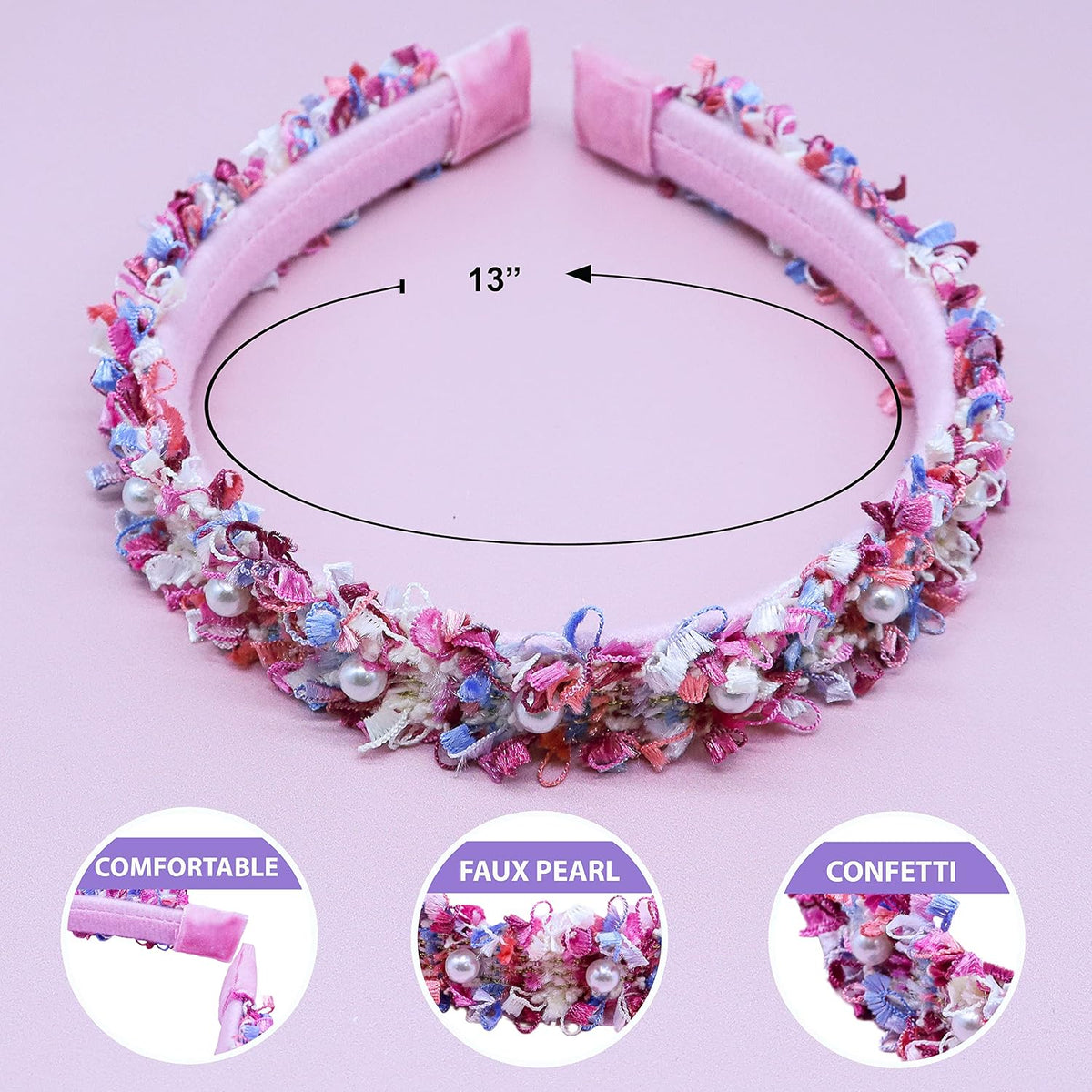 FROG SAC 2 Headbands for Girls, Pink Pearl Beaded Head Bands for Kids, Cute Little Girl Headband Hair Accessories, Confetti Pearl Bead Hair Band for Children, Easter Basket Fillers Stocking Stuffers