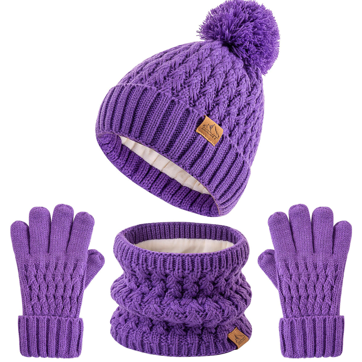 Kids Pompom Winter Beanie Hat Scart Gloves Set,Boys Girls Knitted Fleece Lined Woollen Hat for Children's 3-9 Years