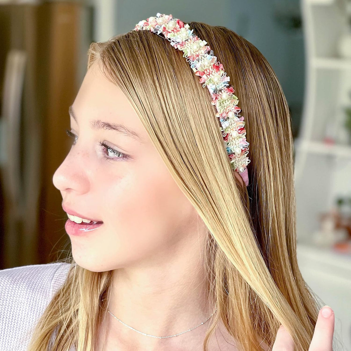 FROG SAC 2 Headbands for Girls, Pink Pearl Beaded Head Bands for Kids, Cute Little Girl Headband Hair Accessories, Confetti Pearl Bead Hair Band for Children, Easter Basket Fillers Stocking Stuffers