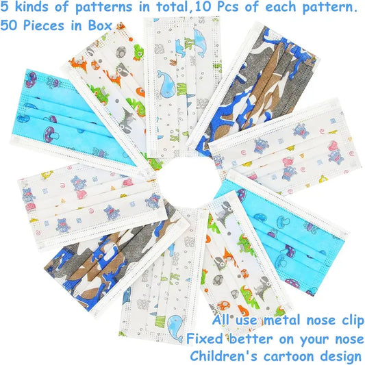 BY-PEMK03   Kids Disposable Face Mask 50 Pack Ages 5-12 Filter 3-Layer Safety Face Masks for Kids Daily Use.All Metal Nose Clips(Multicolored)