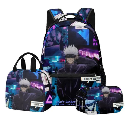 Jujutsu Kaisen Anime Backpack Set, 3PCS Student School Bag with Pencil Case and Handbag, Large Capacity Cartoon Travel Backpack for Kids Teens