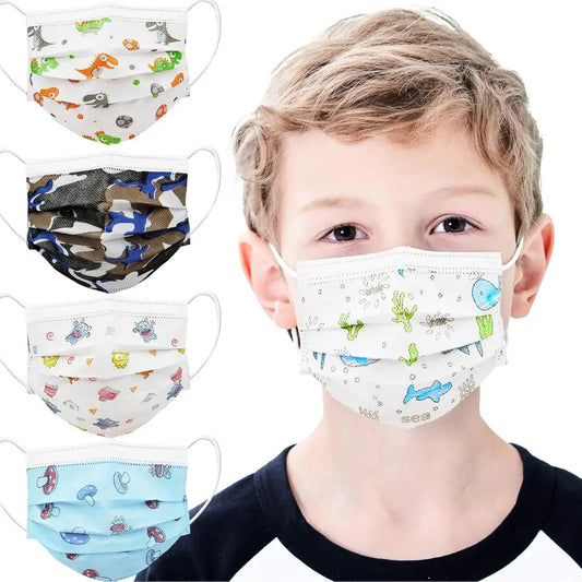 Kids' Disposable 3-Layers Filtration Safety Mask (P-EMK03) - 50-Pack, Ages 5-12, All-Metal Clips, Plant Mask Design, Breathable Blown Filter Paper, Unisex, for School & Travel, Daily Wear (Multicolored)