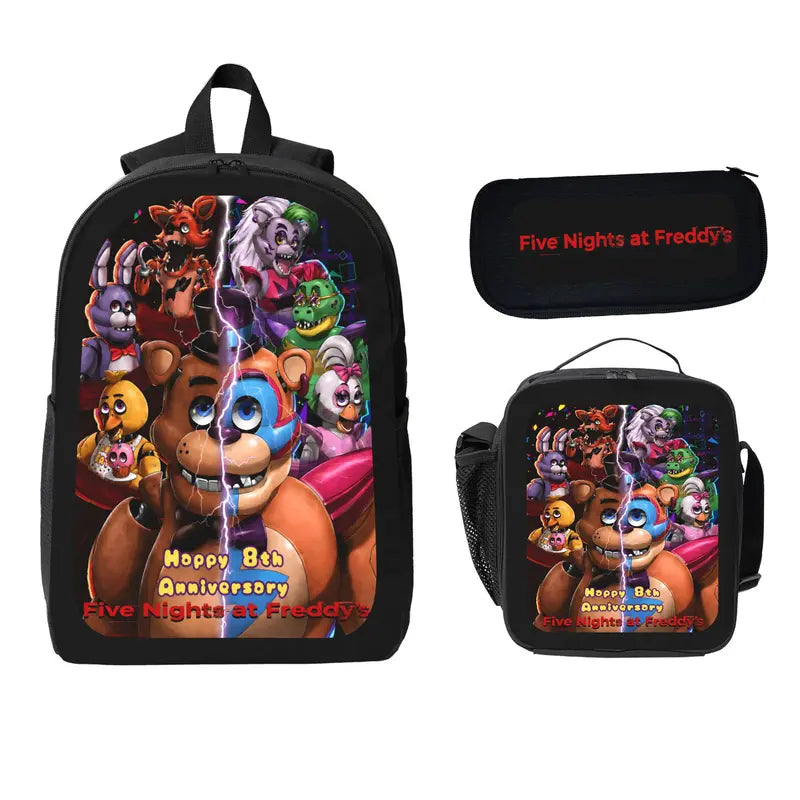 Five Nights At Freddys Backpack Set BackpackLunch Bag Pencil Case Anime FNAF Bookbag Kids Backpack Teen Backpack Travel Backpack Student Gamer Gift Back To School TikTok Viral Trendy Unisex Boys Girls Daily Carry, And Lunchbox Set Backpacks
