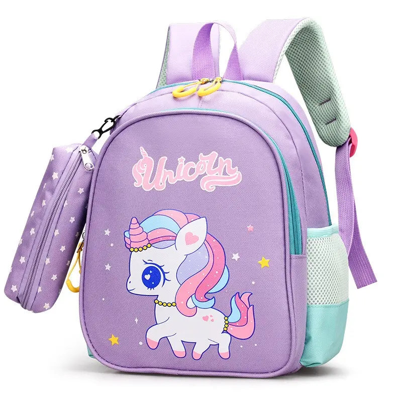 12-Inch Lightweight Kids Backpack Set with Pencil Pouch - Adjustable, Playful Look Study-Ready Bags (Pink Unicorn, Purple Dinosaur) for Back to School Haul, First Day of School
