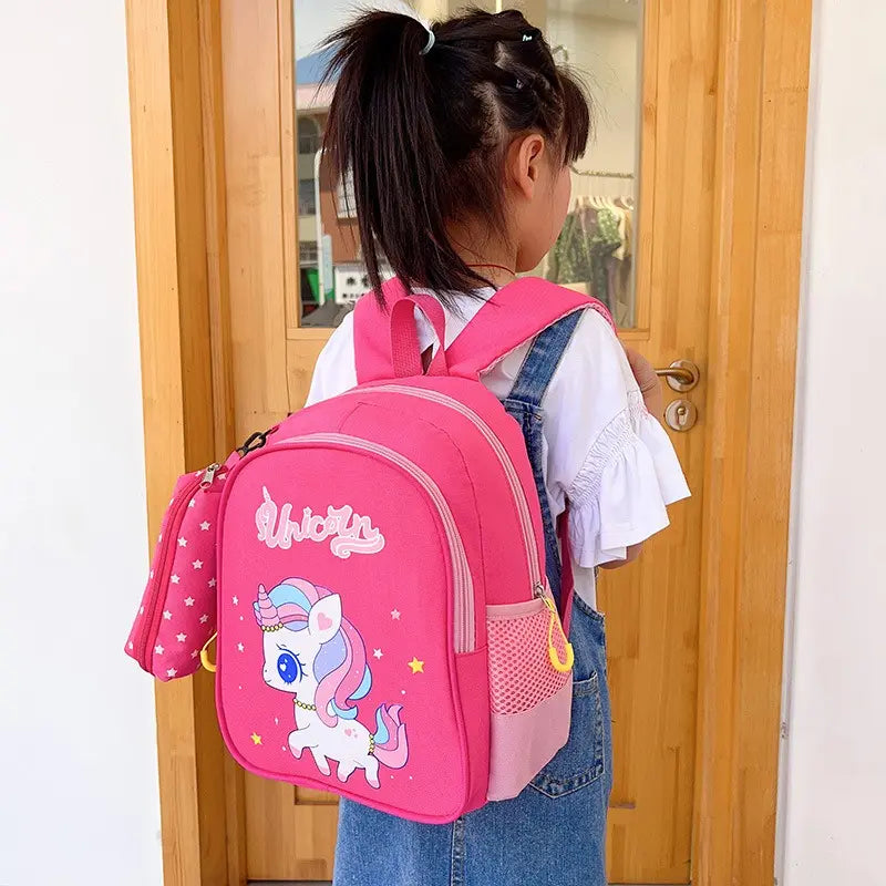 12-Inch Lightweight Kids Backpack Set with Pencil Pouch - Adjustable, Playful Look Study-Ready Bags (Pink Unicorn, Purple Dinosaur) for Back to School Haul, First Day of School